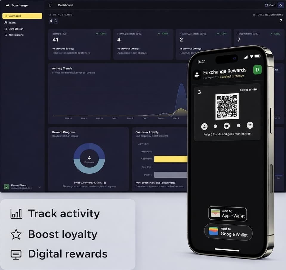 Equivalent Exchange dashboard in dark mode with phone wallet pass preview